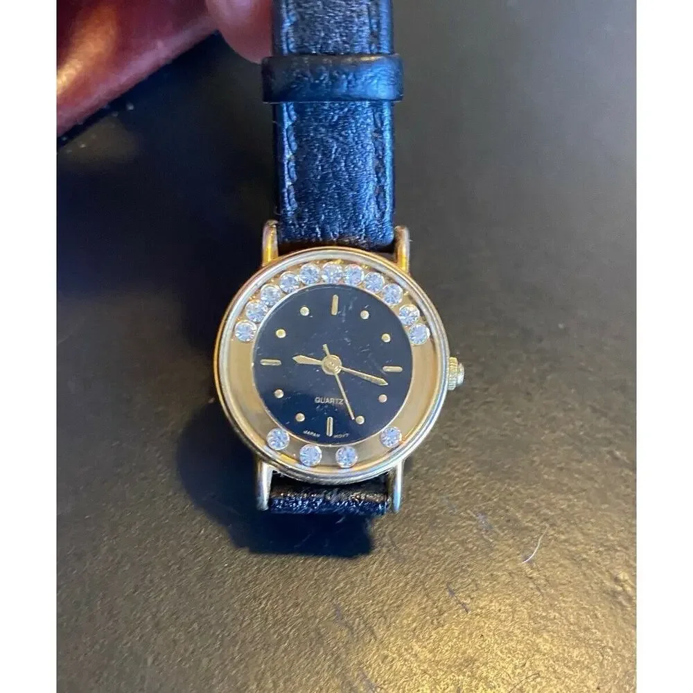 Women's 24mm Gold Tone Avon Watch, Crystal Accents, Black Leather Band